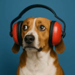 Dog with ear defenders